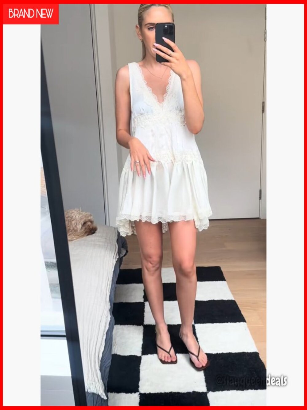 V Neck Lace Mini Slip Dress with Ruffle Hem Babydoll Y2K Boho Flowy Summer Dress - Picture 7 of 7